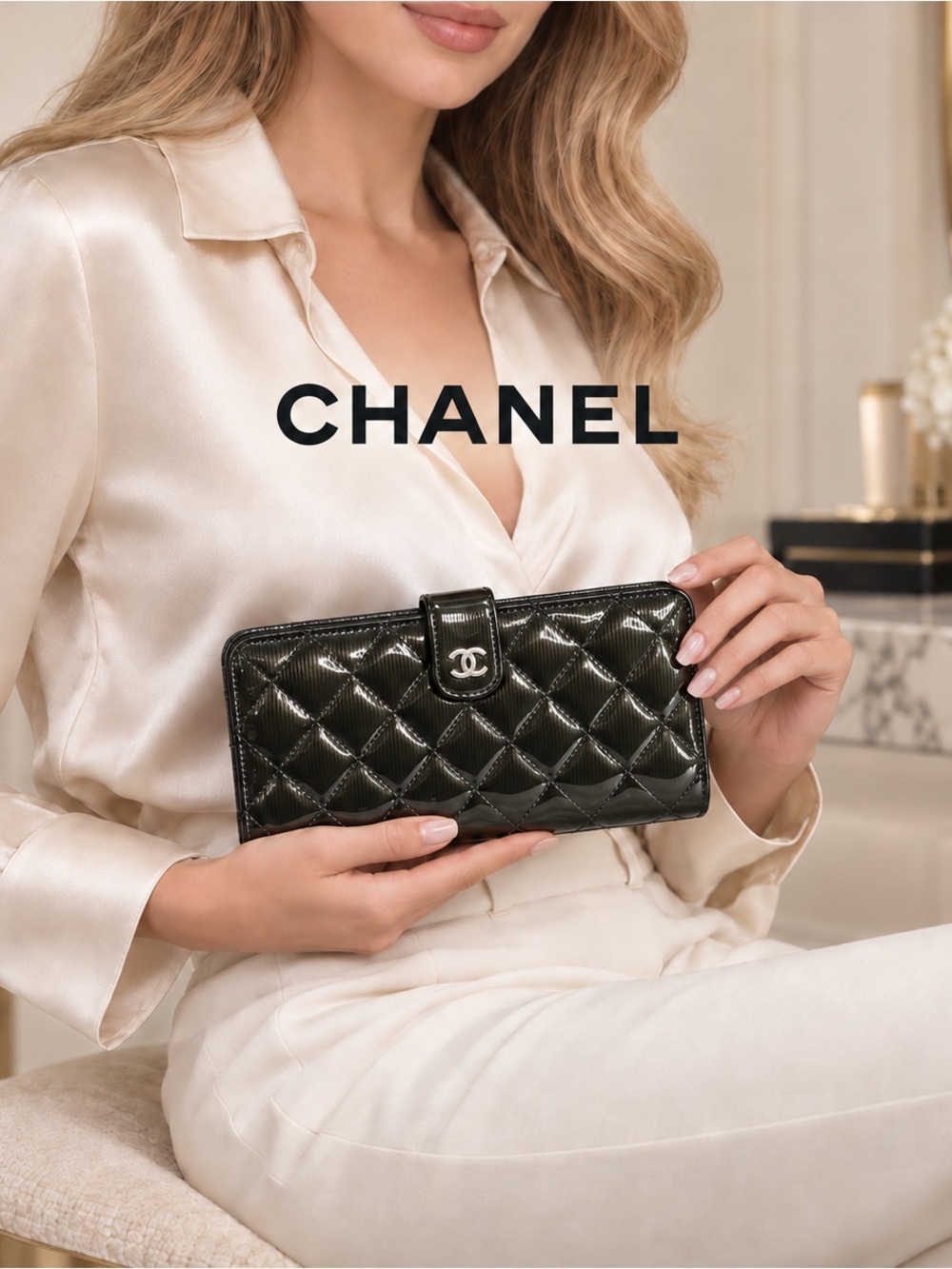Chanel Green Quilted Patent Leather CC Long Wallet Box & COA